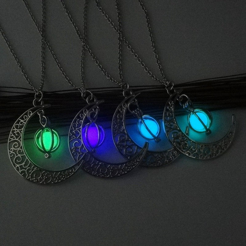 Moon Pendant with Natural Glowing Stone Necklace