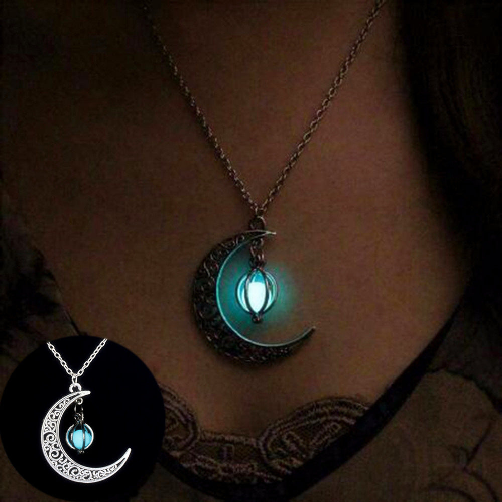 Moon Pendant with Natural Glowing Stone Necklace